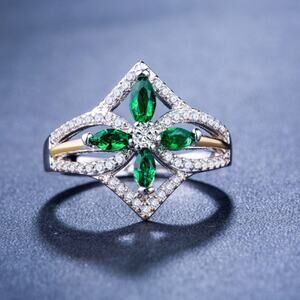 Ring Simulated Emeralds Diamonds Sz 8.5 Clover Blossom Fleur Brilliant Sparkle